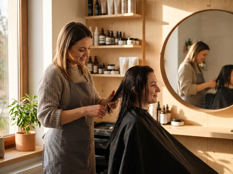 Fryzjerka strzyże klientkę w małym salonie fryzjerskim