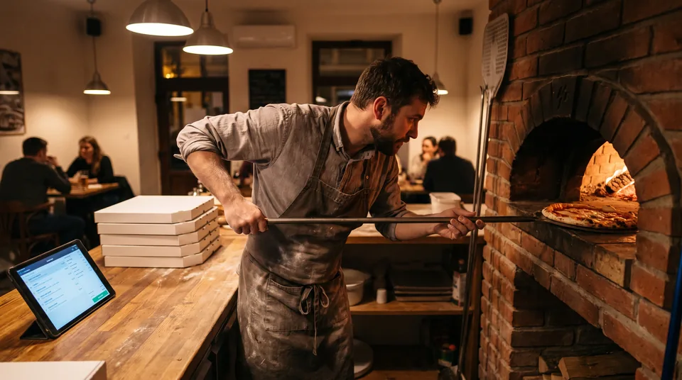 Pizzaiolo wyjmuje pizzę z pieca w małej pizzerii